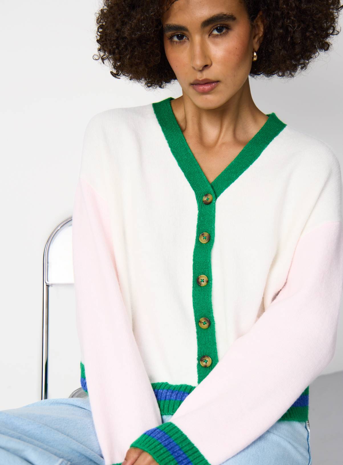 White Pink and Green Colour Block Knitted V Neck Cardigan S - Image 1